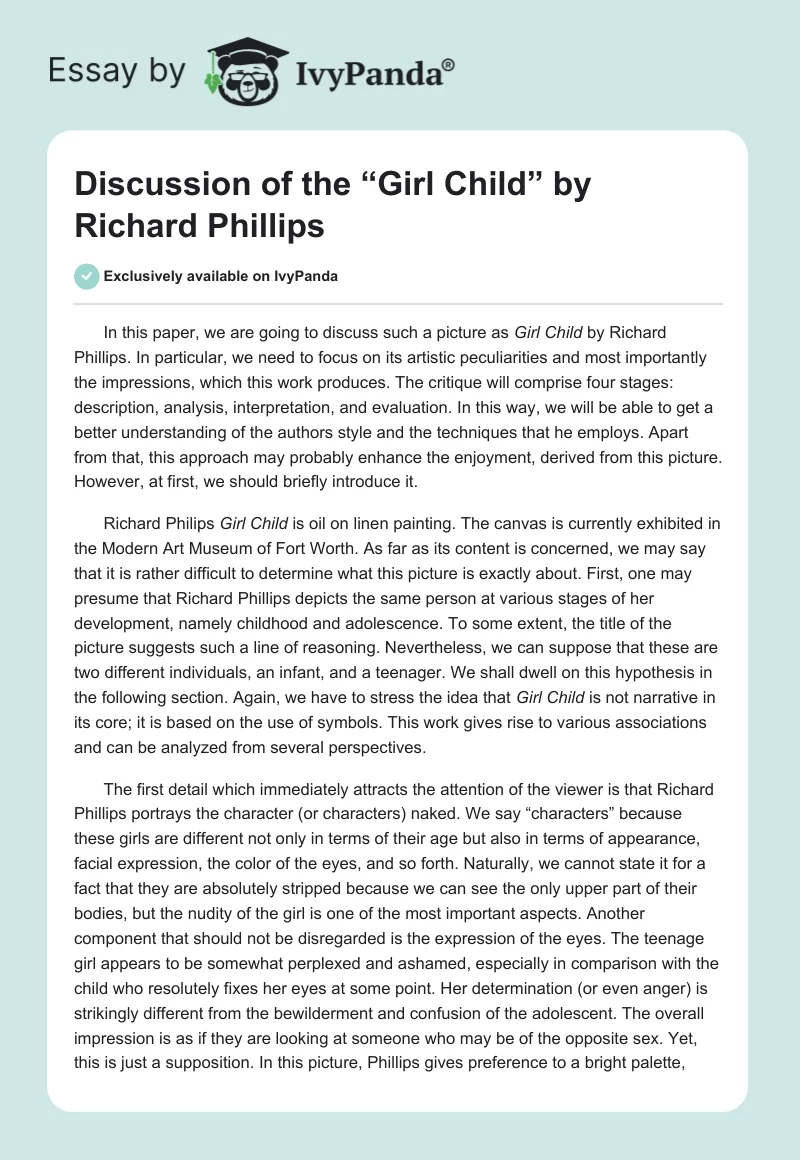 Discussion of the “Girl Child” by Richard Phillips. Page 1