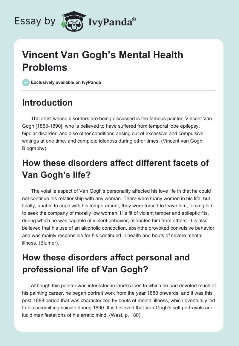 Vincent van Gogh’s Mental Health Problems. Page 1