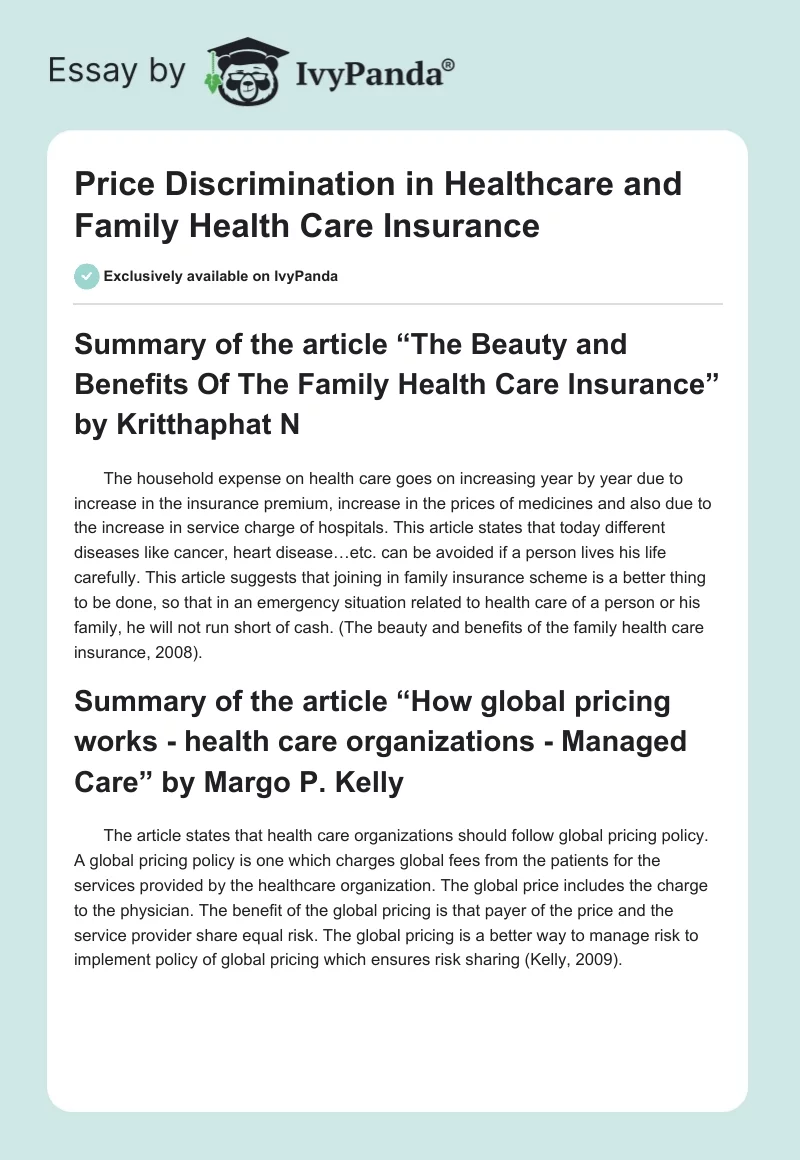 Price Discrimination in Healthcare and Family Health Care Insurance. Page 1