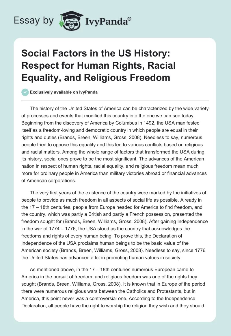 Social Factors in the US History: Respect for Human Rights, Racial Equality, and Religious Freedom. Page 1