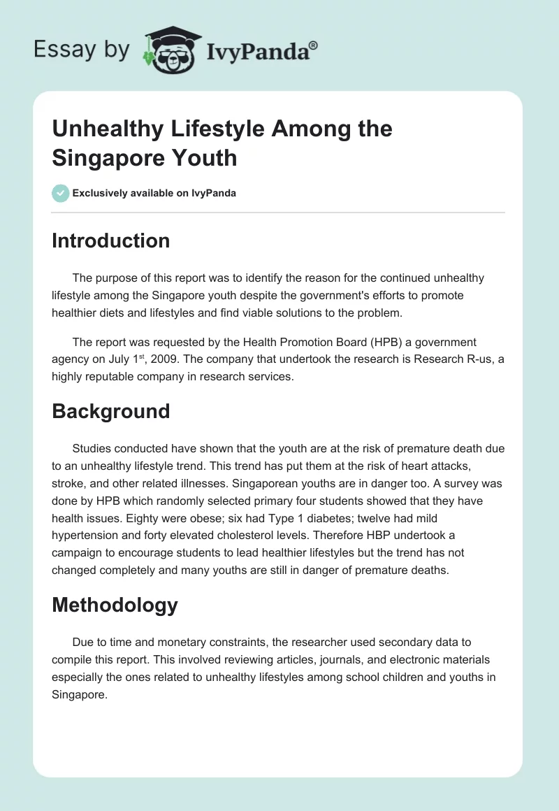Unhealthy Lifestyle Among the Singapore Youth. Page 1