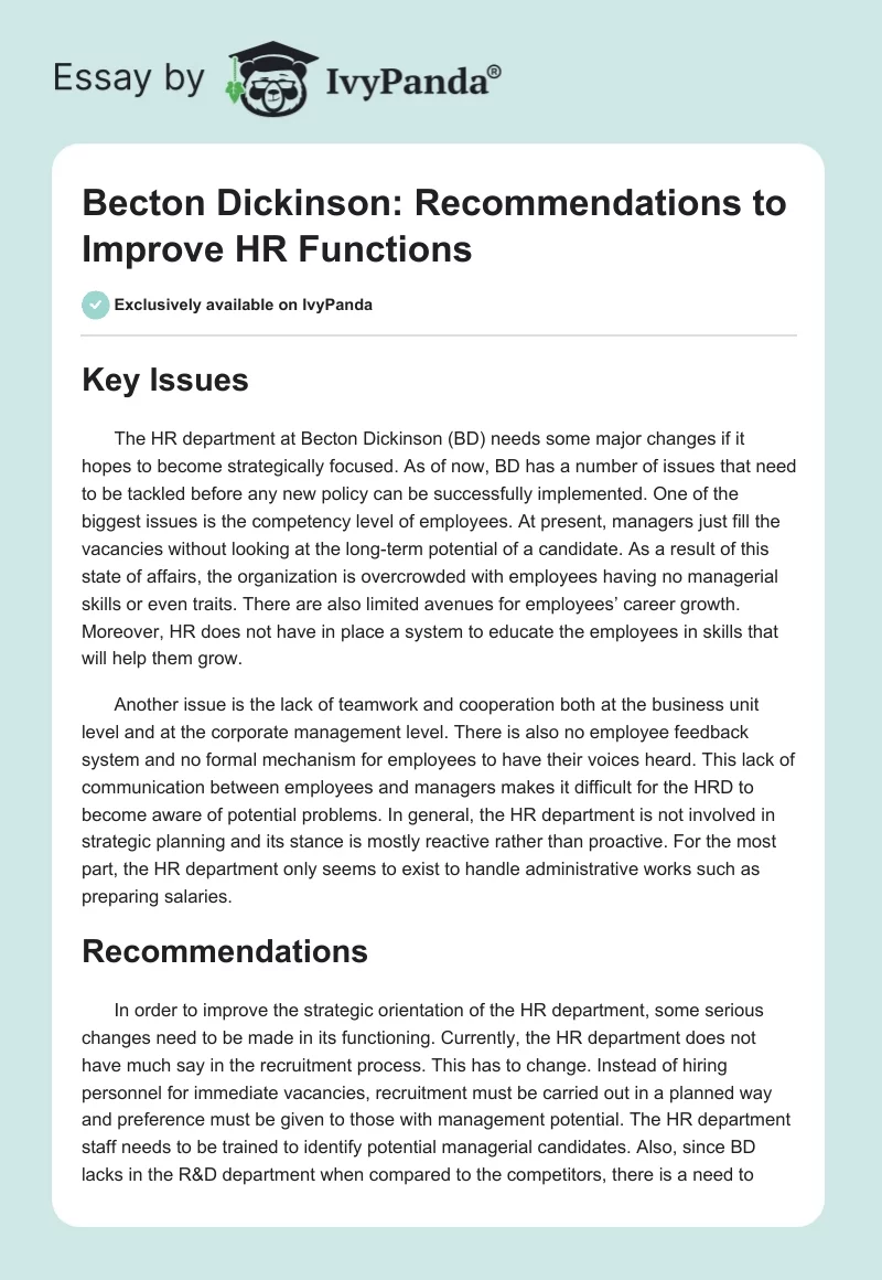 Becton Dickinson: Recommendations to Improve HR Functions. Page 1