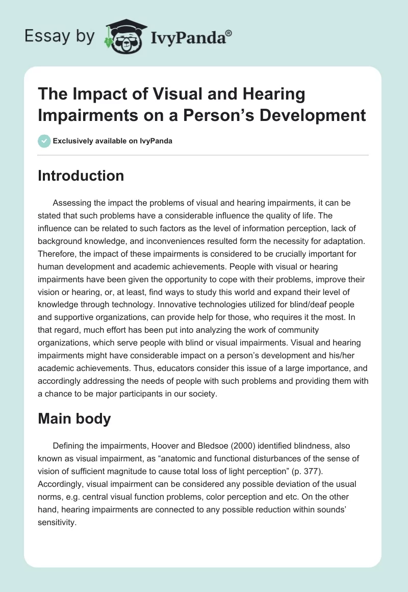 The Impact of Visual and Hearing Impairments on a Person’s Development. Page 1