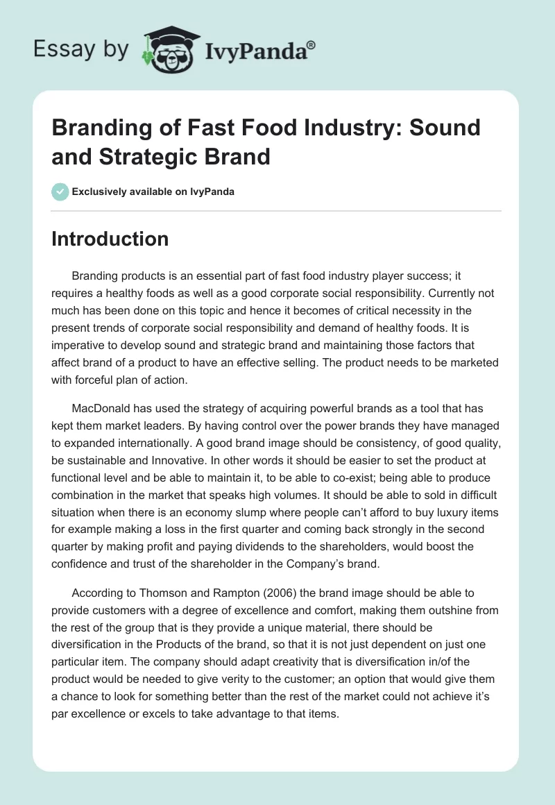 Branding of Fast Food Industry: Sound and Strategic Brand. Page 1