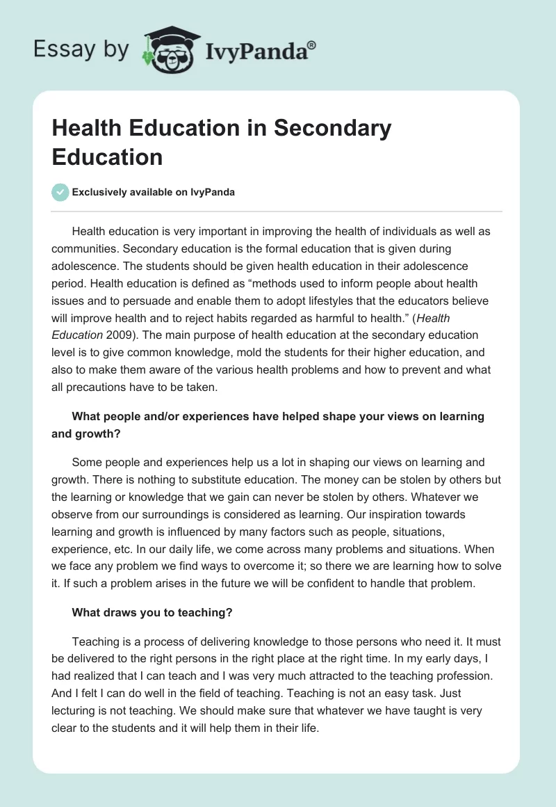 Health Education in Secondary Education. Page 1