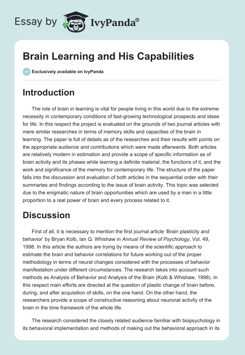 Brain Learning and His Capabilities. Page 1