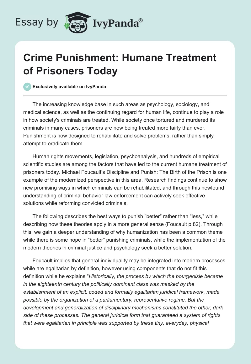 Crime Punishment: Humane Treatment of Prisoners Today. Page 1