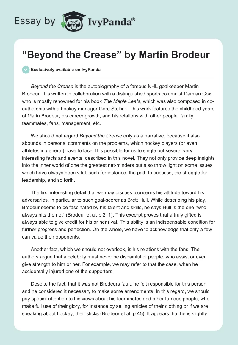 “Beyond the Crease” by Martin Brodeur. Page 1