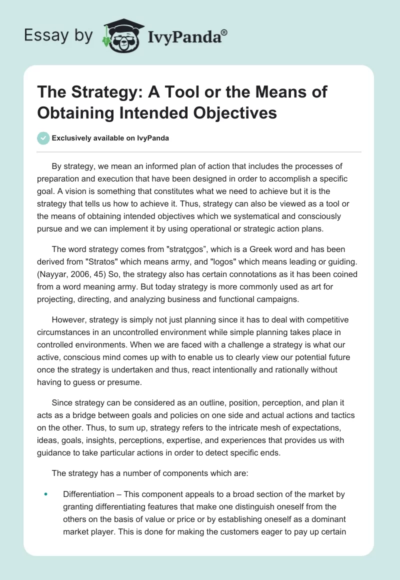 The Strategy: A Tool or the Means of Obtaining Intended Objectives. Page 1