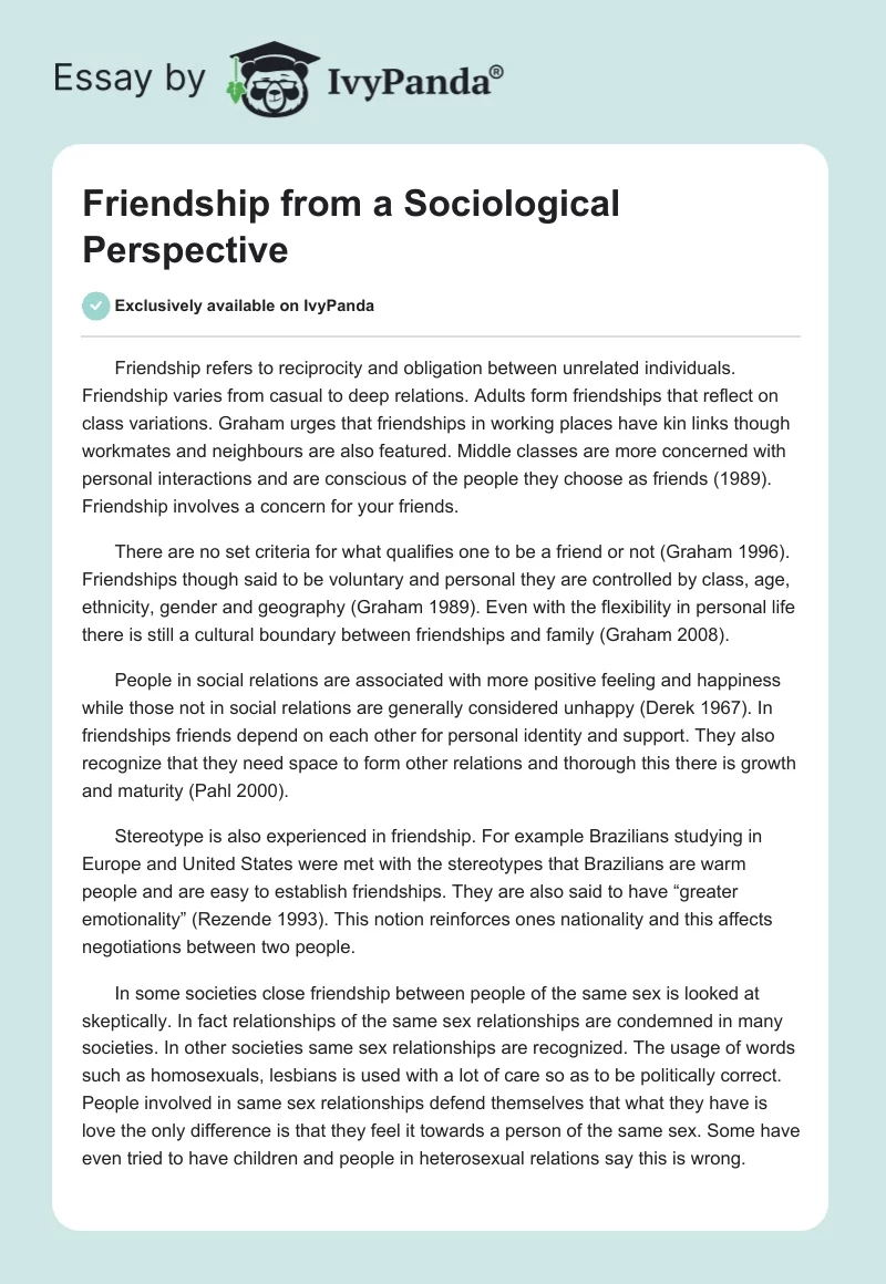 Friendship from a Sociological Perspective. Page 1