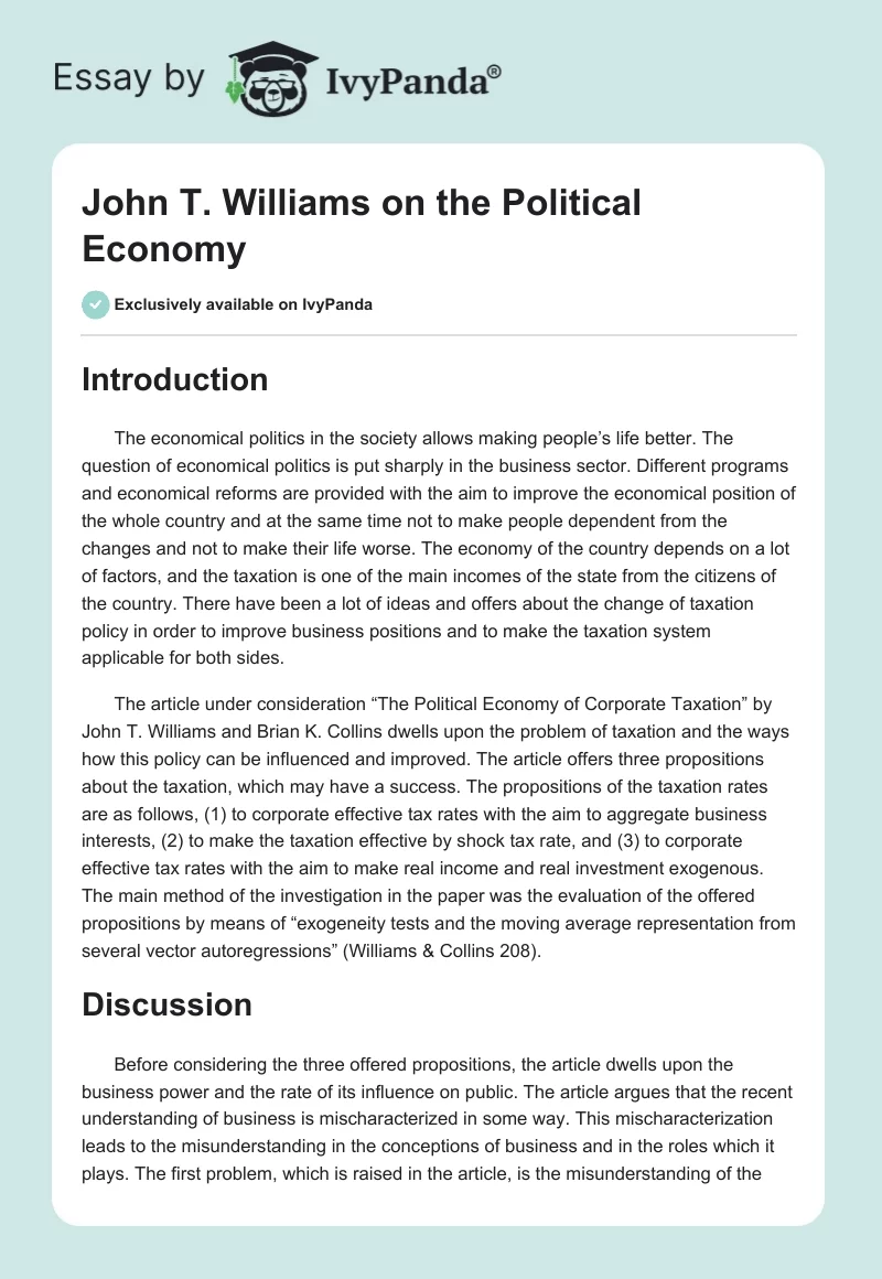 John T. Williams on the Political Economy. Page 1