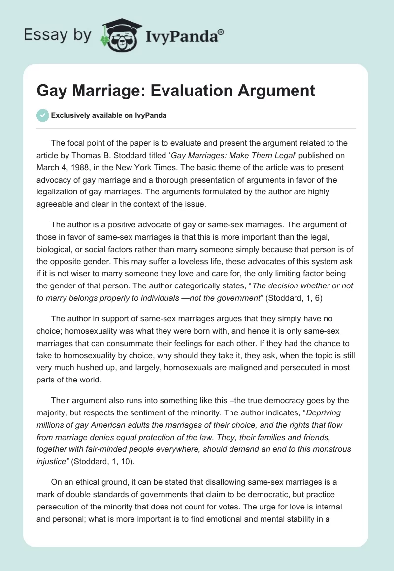 Gay Marriage: Evaluation Argument. Page 1