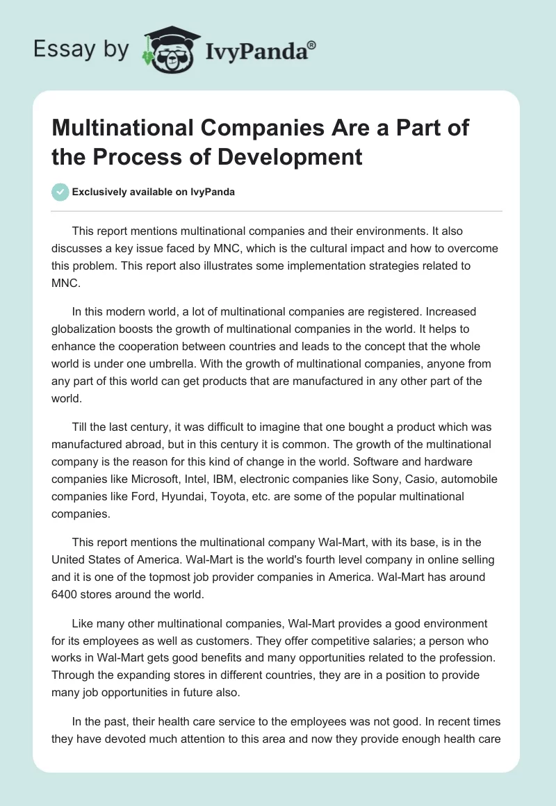 Multinational Companies Are a Part of the Process of Development. Page 1