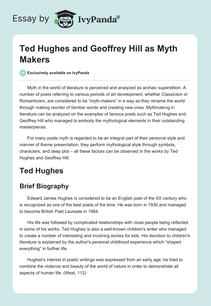 Ted Hughes and Geoffrey Hill as Myth Makers. Page 1
