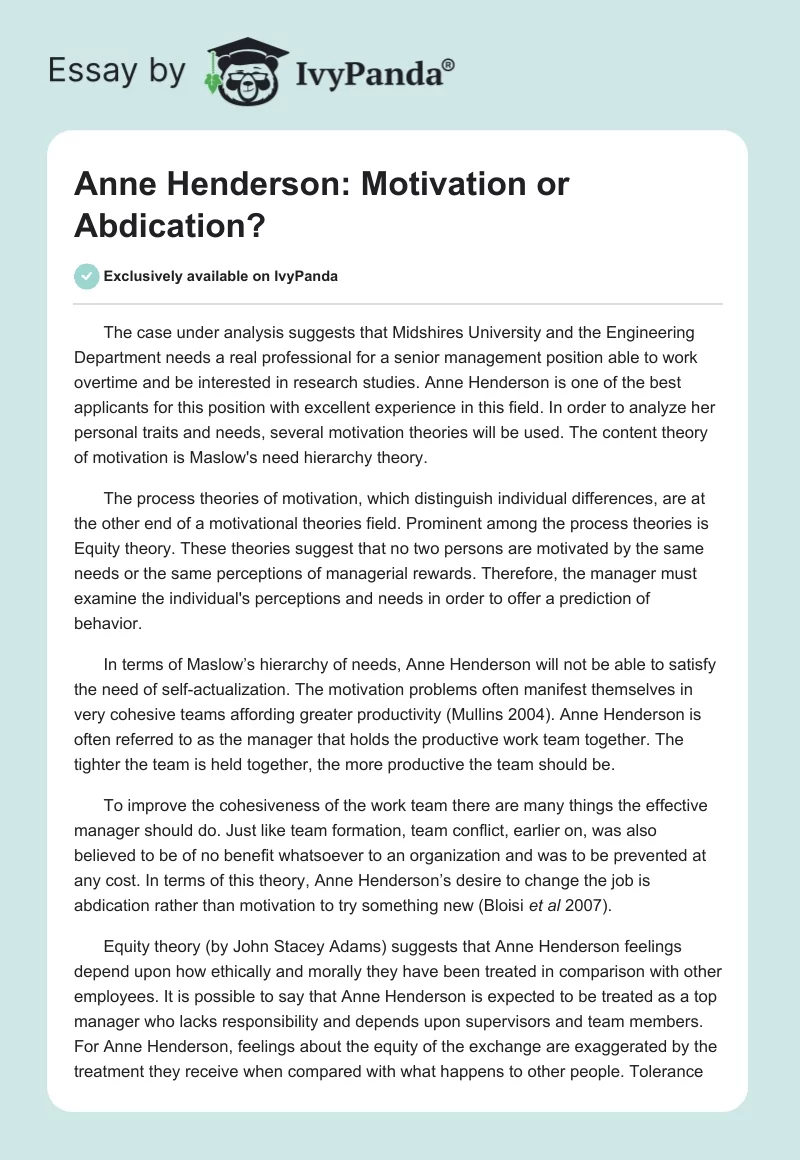 Anne Henderson: Motivation or Abdication?. Page 1