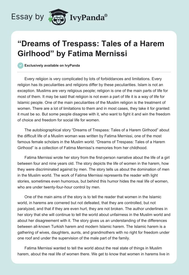 “Dreams of Trespass: Tales of a Harem Girlhood” by Fatima Mernissi. Page 1