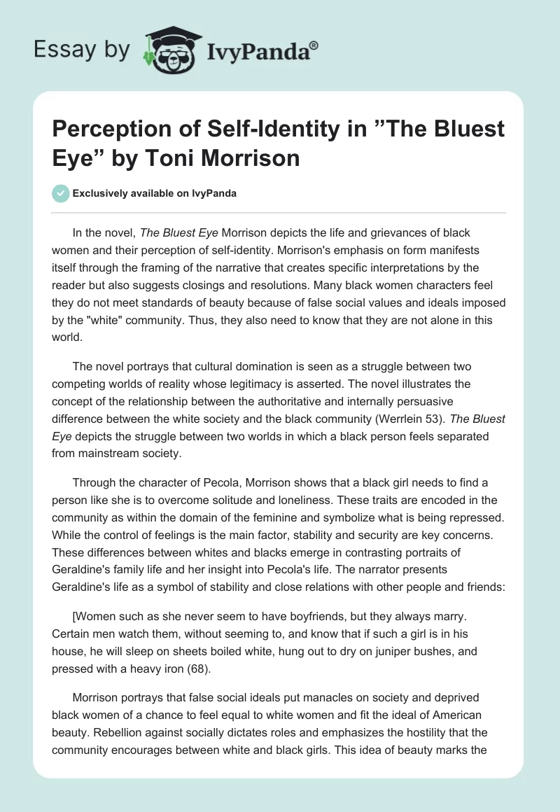Perception of Self-Identity in ”The Bluest Eye” by Toni Morrison. Page 1