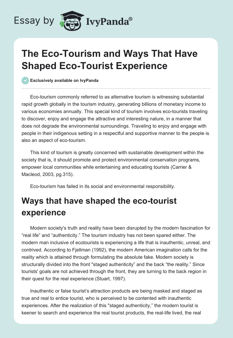 The Eco-Tourism and Ways That Have Shaped Eco-Tourist Experience. Page 1