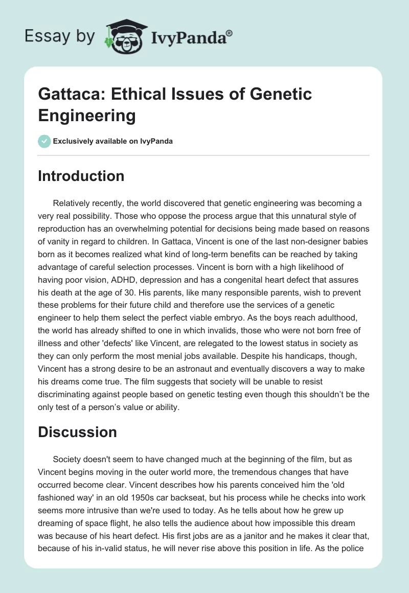 Gattaca: Ethical Issues of Genetic Engineering. Page 1