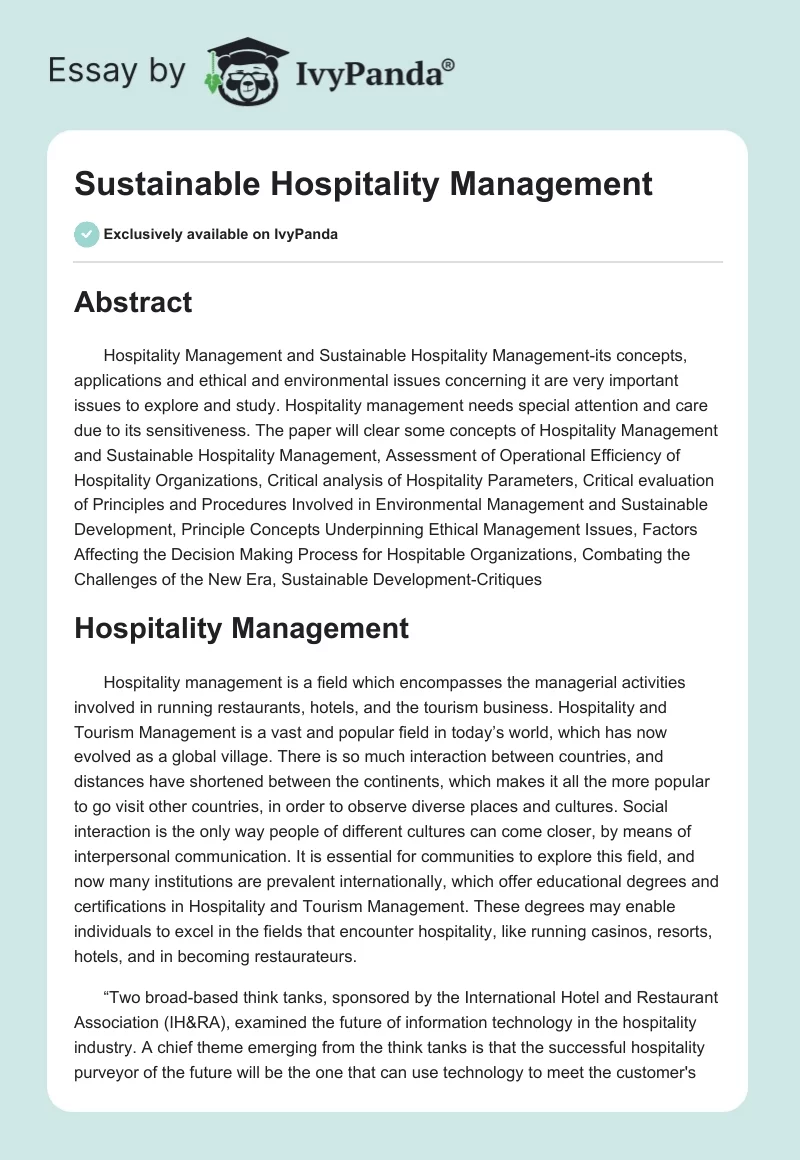 Sustainable Hospitality Management. Page 1