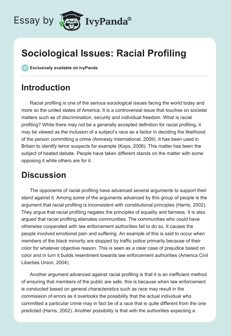Sociological Issues: Racial Profiling. Page 1