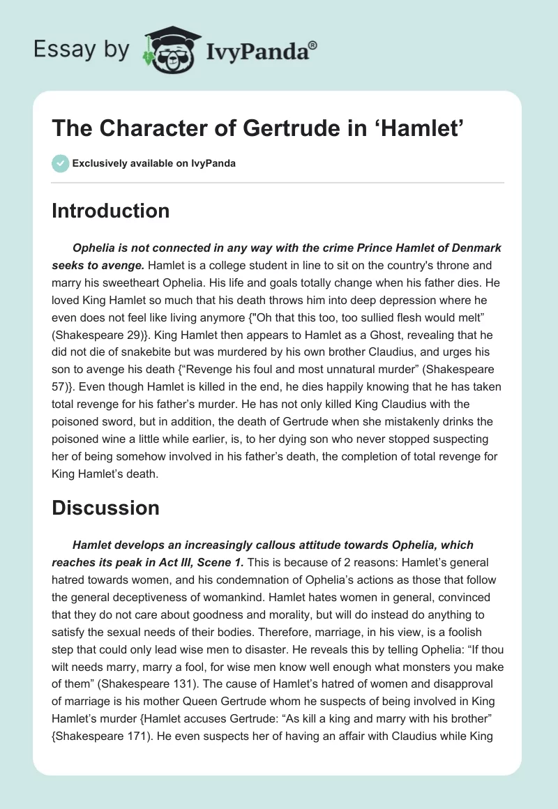 The Character of Gertrude in ‘Hamlet’. Page 1