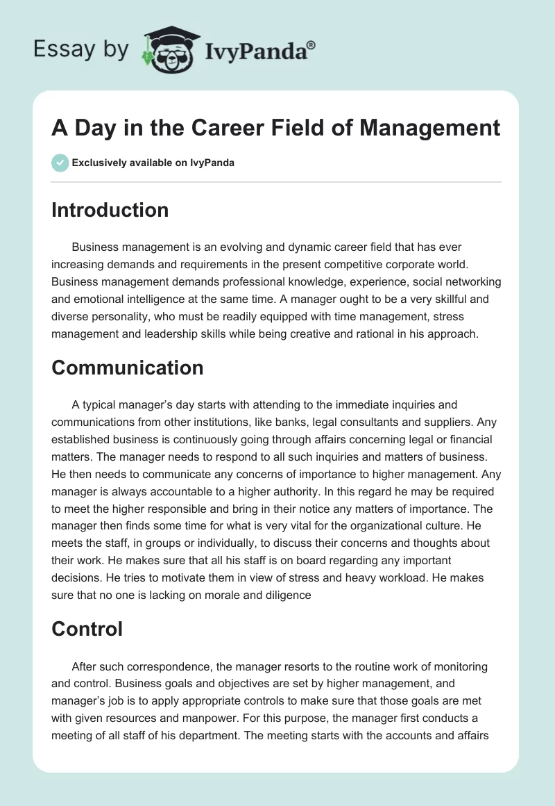 A Day in the Career Field of Management. Page 1
