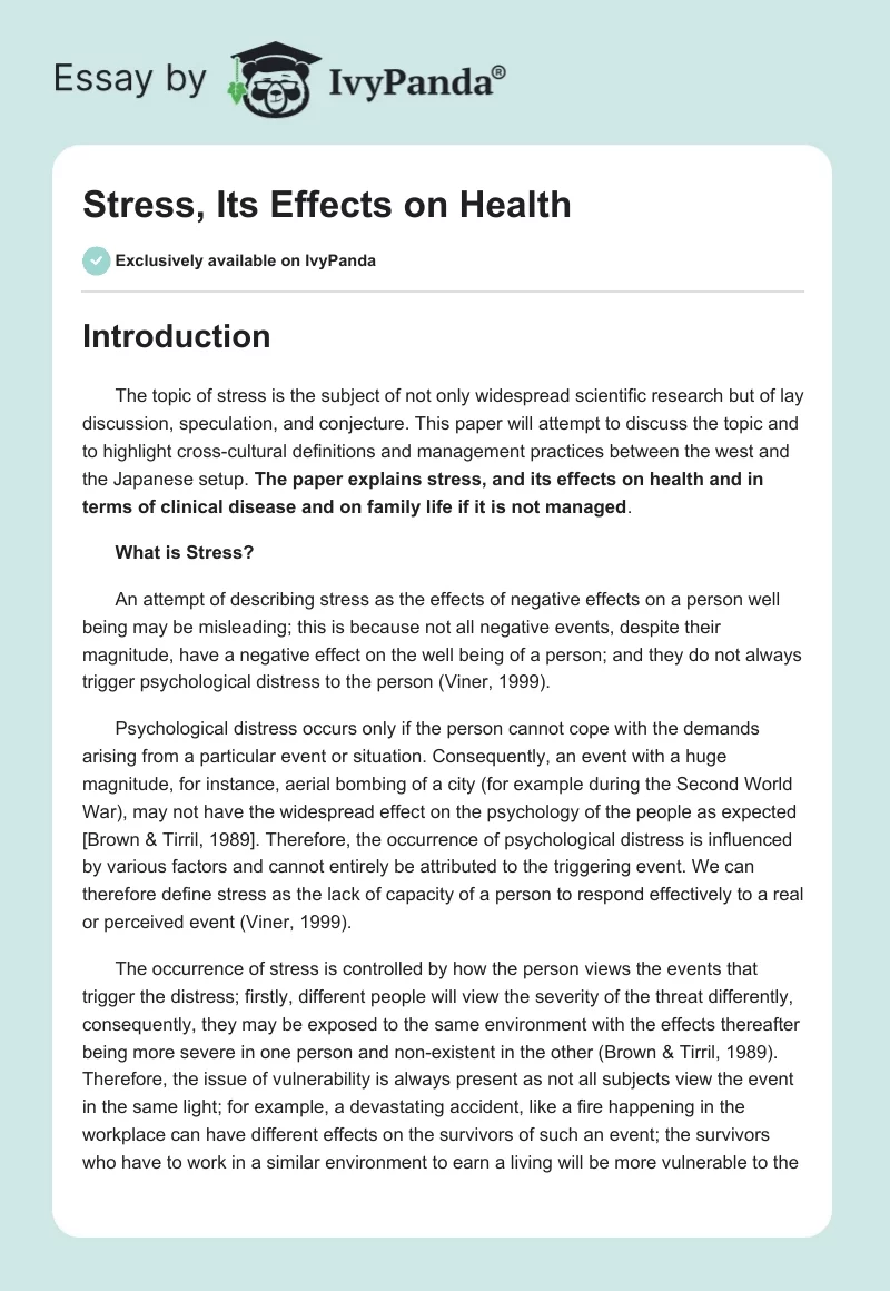 Stress, Its Effects on Health. Page 1