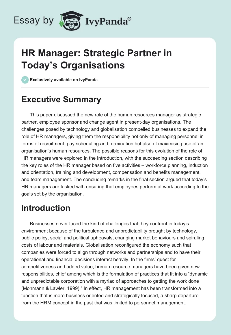 HR Manager: Strategic Partner in Today’s Organisations. Page 1