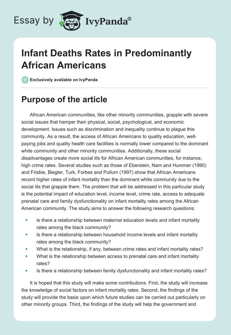 Infant Deaths Rates in Predominantly African Americans. Page 1