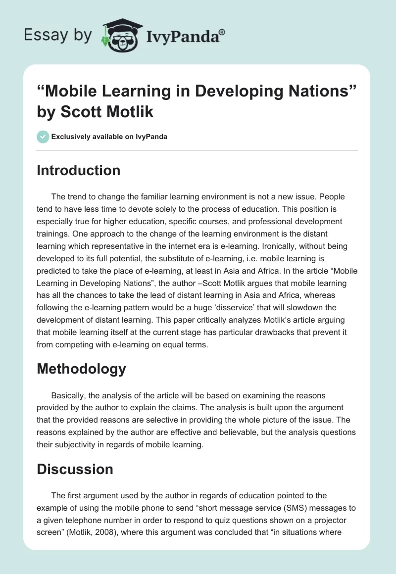 “Mobile Learning in Developing Nations” by Scott Motlik. Page 1
