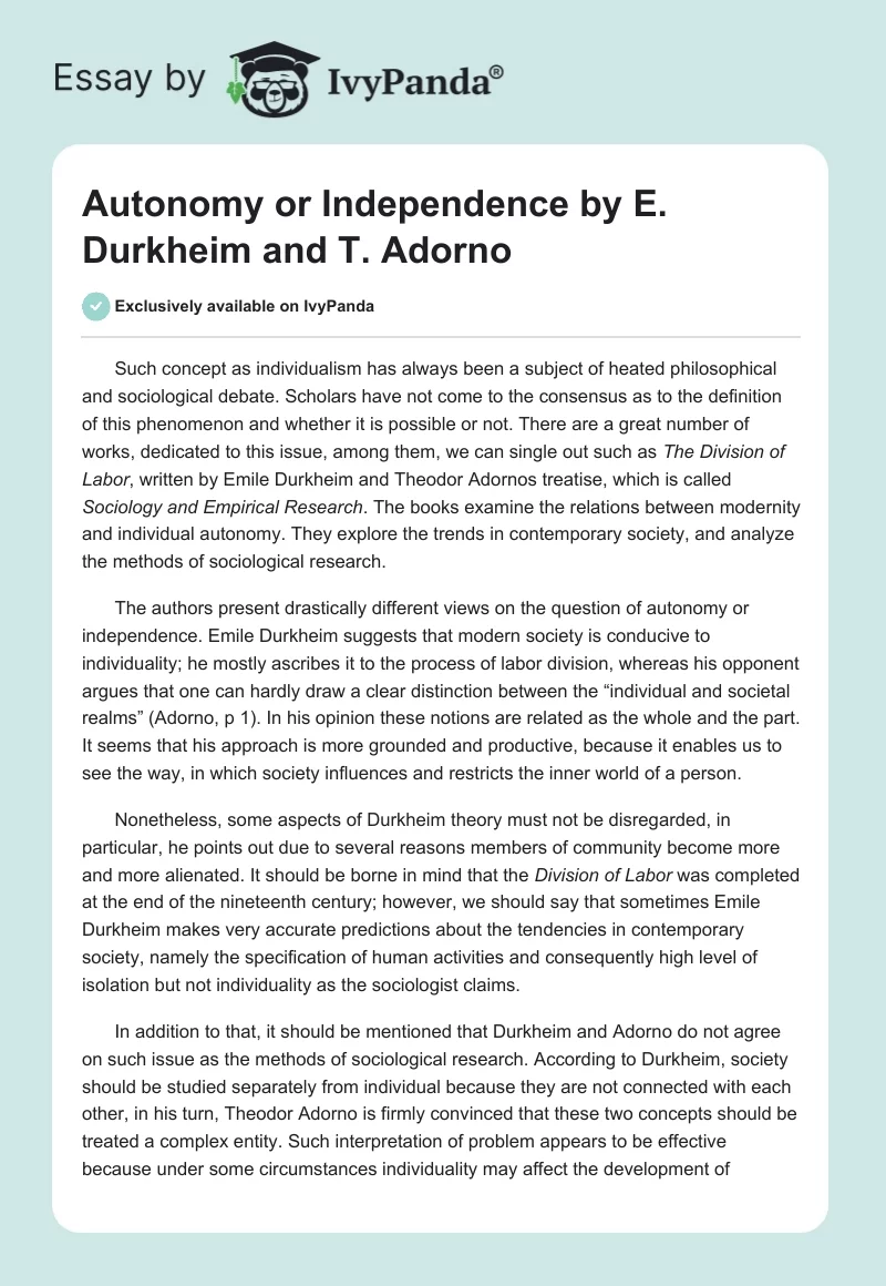 Autonomy or Independence by E. Durkheim and T. Adorno. Page 1