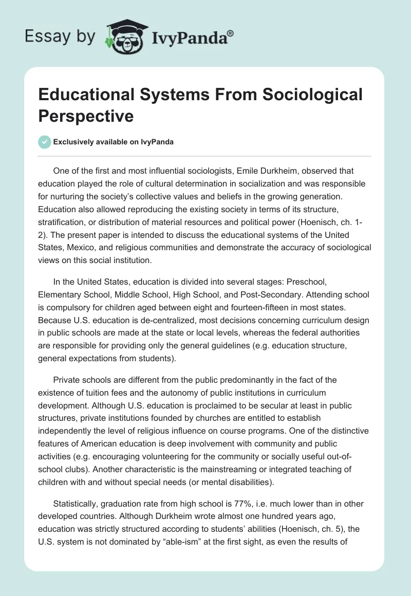 Educational Systems from a Sociological Perspective. Page 1