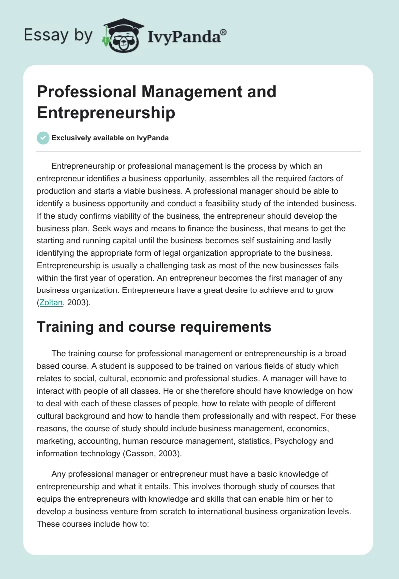 Professional Management and Entrepreneurship. Page 1
