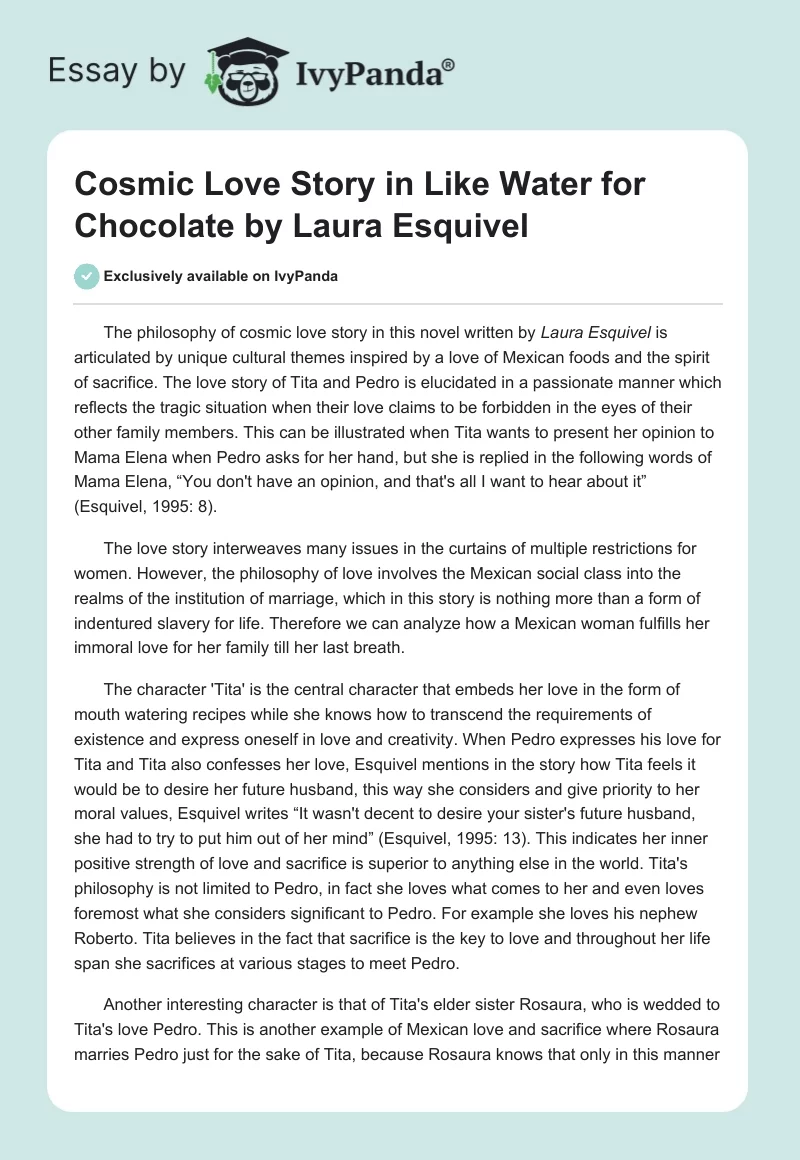Cosmic Love Story in "Like Water for Chocolate" by Laura Esquivel. Page 1