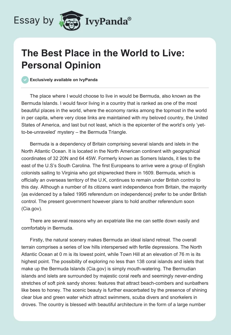The Best Place in the World to Live: Personal Opinion. Page 1