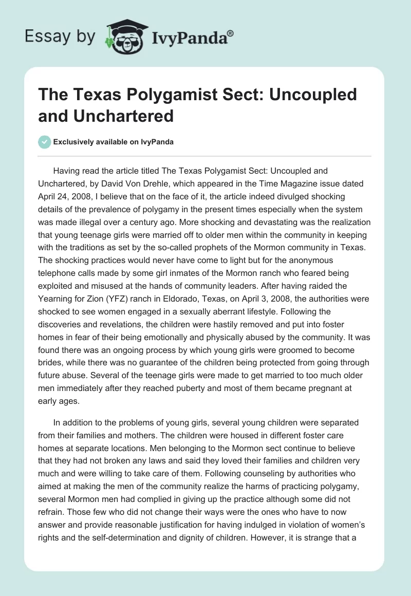 The Texas Polygamist Sect: Uncoupled and Unchartered. Page 1