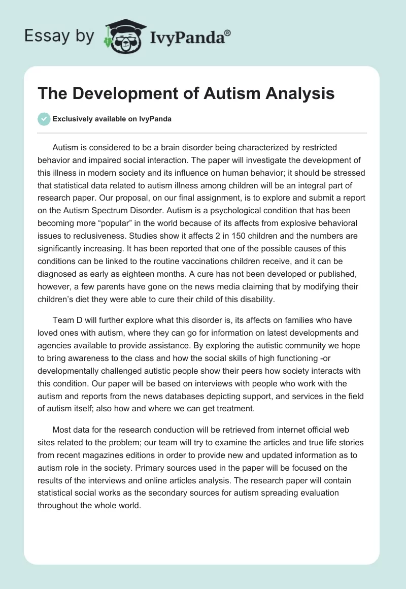 The Development of Autism Analysis. Page 1