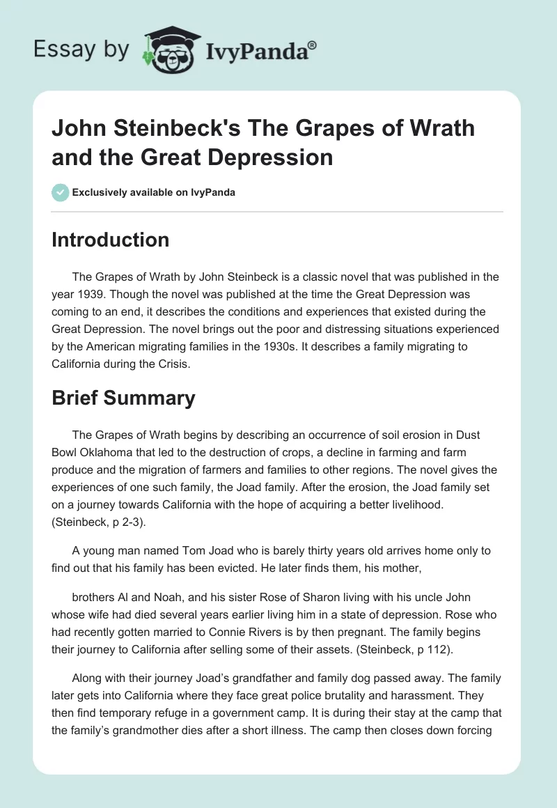 John Steinbeck's "The Grapes of Wrath" and the Great Depression. Page 1