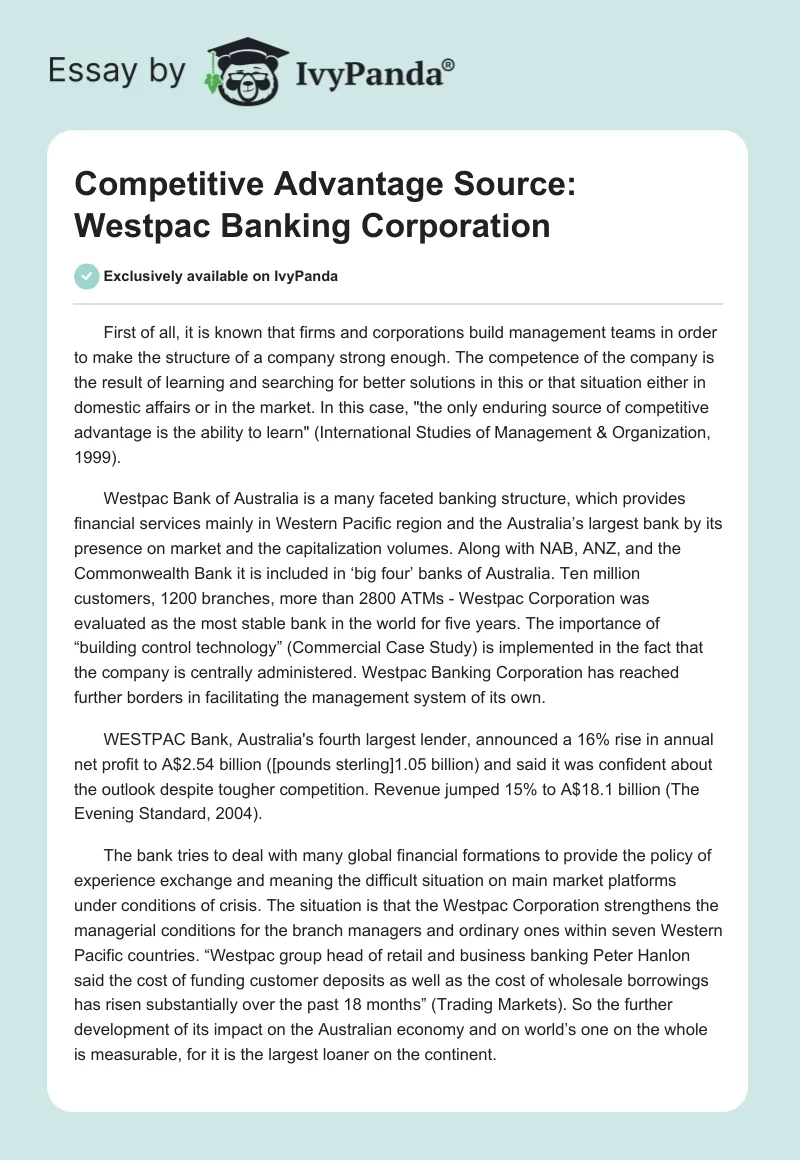 Competitive Advantage Source: Westpac Banking Corporation. Page 1