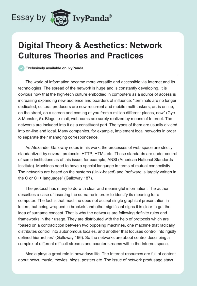 Digital Theory & Aesthetics: Network Cultures Theories and Practices. Page 1