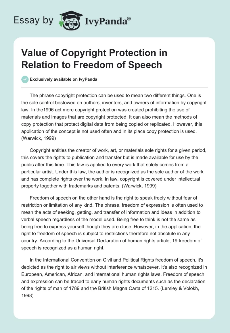Value of Copyright Protection in Relation to Freedom of Speech. Page 1