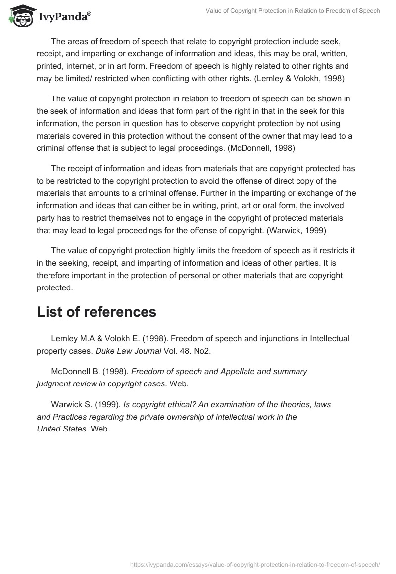 Value of Copyright Protection in Relation to Freedom of Speech. Page 2