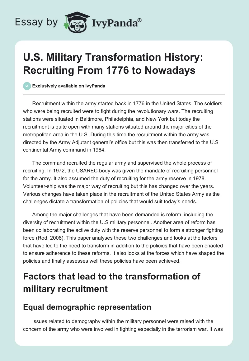 U.S. Military Transformation History: Recruiting From 1776 to Nowadays. Page 1