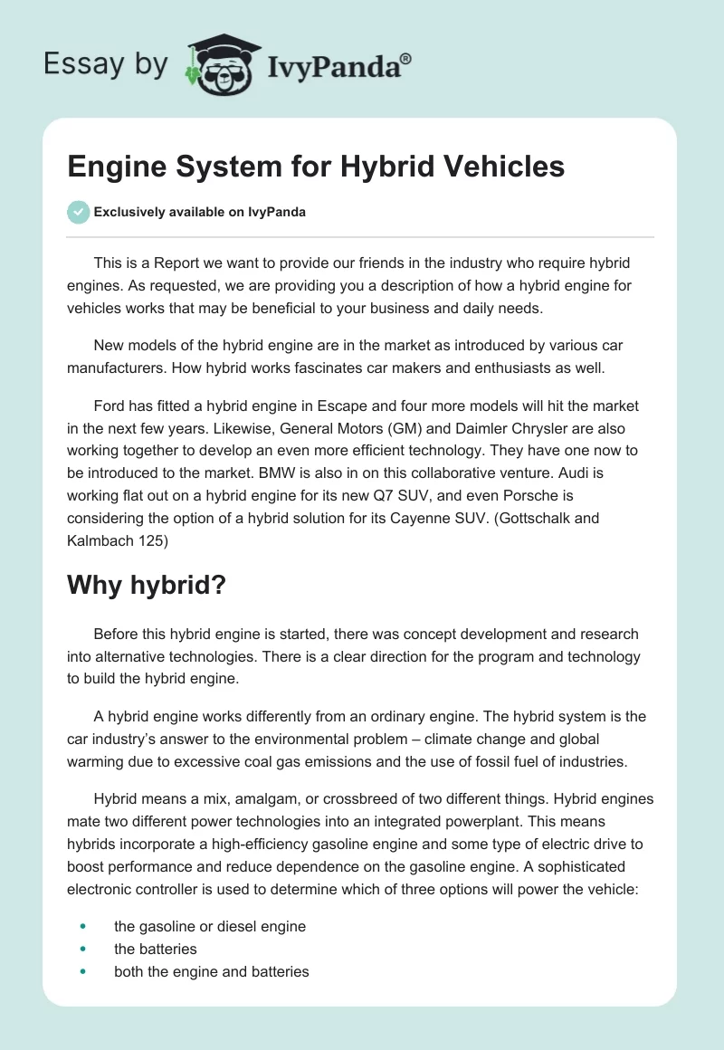 Engine System for Hybrid Vehicles. Page 1