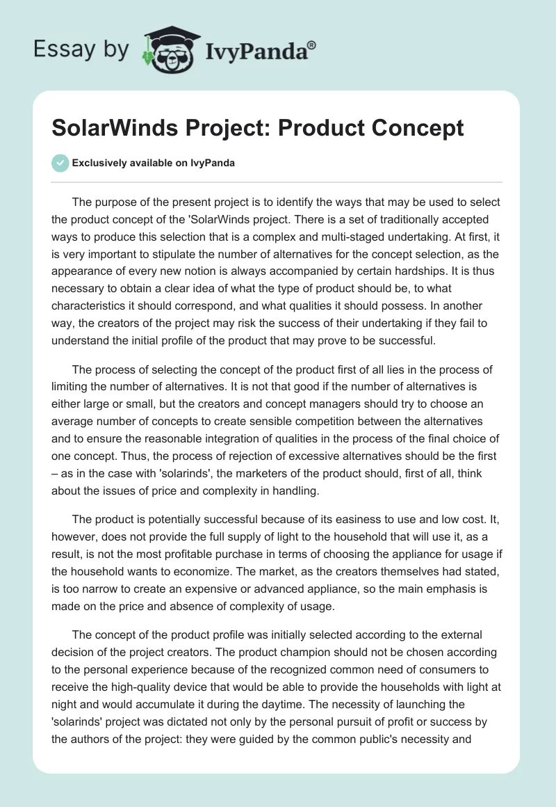SolarWinds Project: Product Concept. Page 1