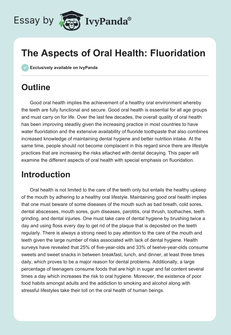 The Aspects of Oral Health: Fluoridation. Page 1
