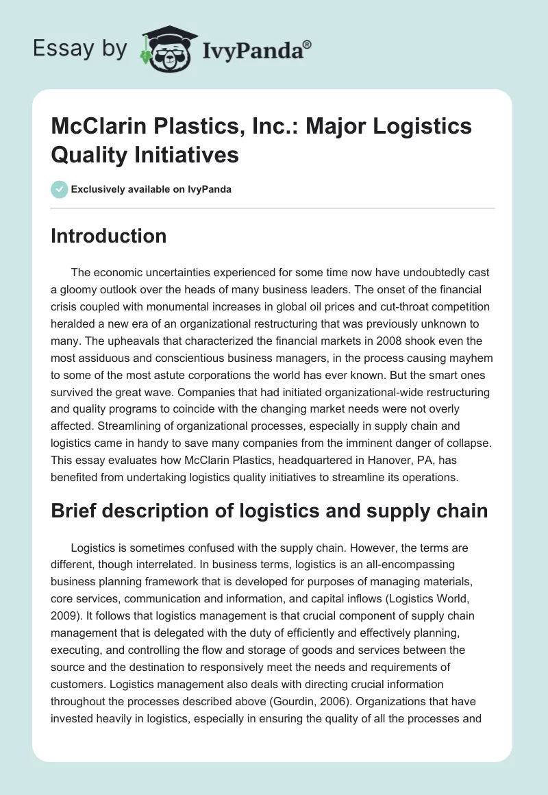 McClarin Plastics, Inc.: Major Logistics Quality Initiatives. Page 1