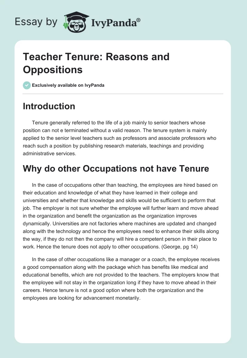 Teacher Tenure: Reasons and Oppositions. Page 1