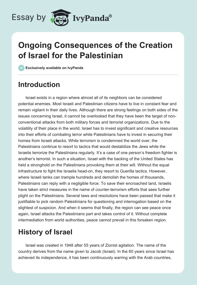Ongoing Consequences of the Creation of Israel for the Palestinian. Page 1